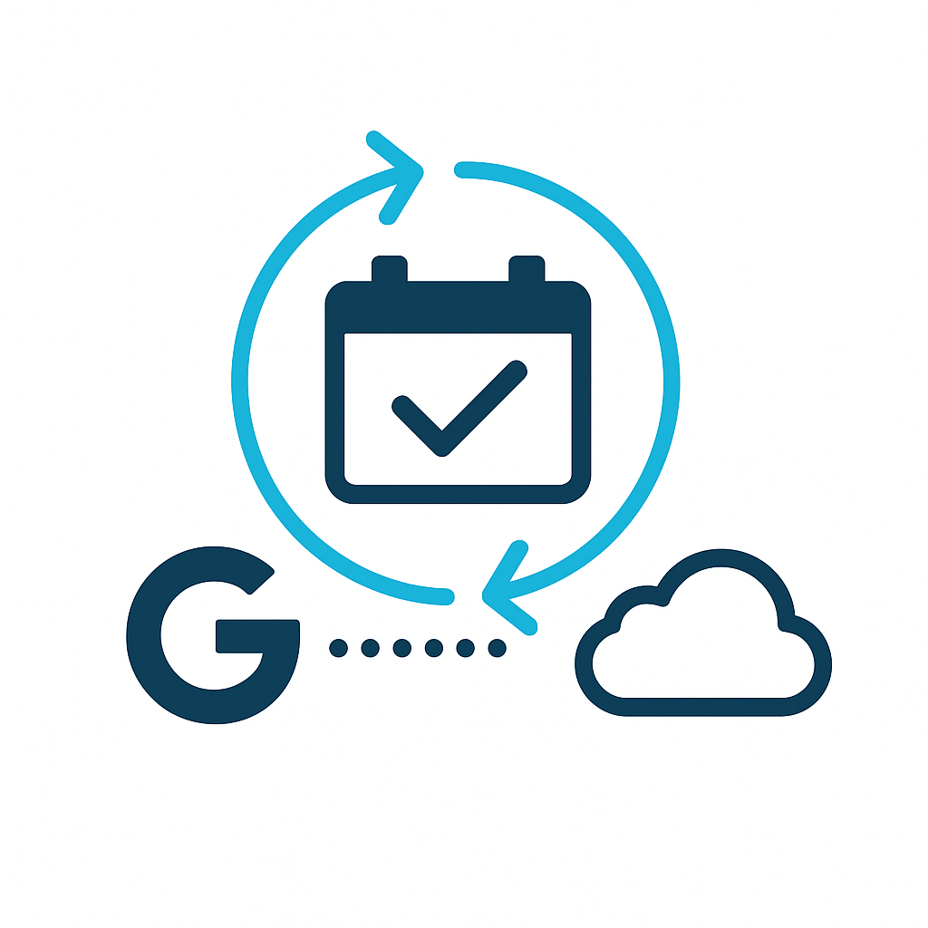 Stilisierte Darstellungen der Synchronisation zwischen immonaut, Apple iCloud und Google Kalender